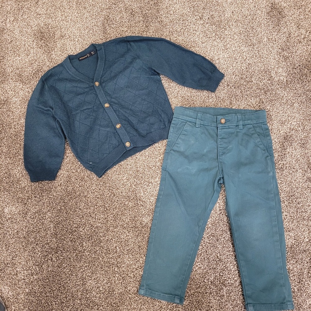 Mayoral Boys Teal Blue Cardigan and Chino Pants Set 18M 86cm Wool Blend Knit